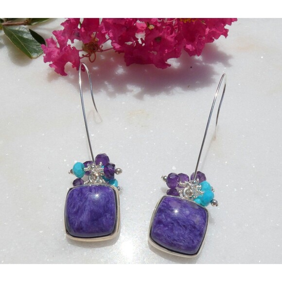 Purple Charoite - Amethyst - Turquoise Beaded Sterling Silver Earrings Handmade - Picture 4 of 6